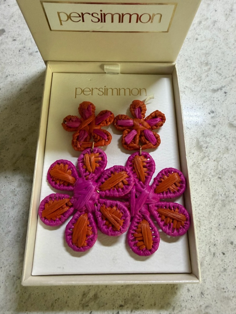 Persimmon Pink & Orange Floral Raffia Statement Earrings